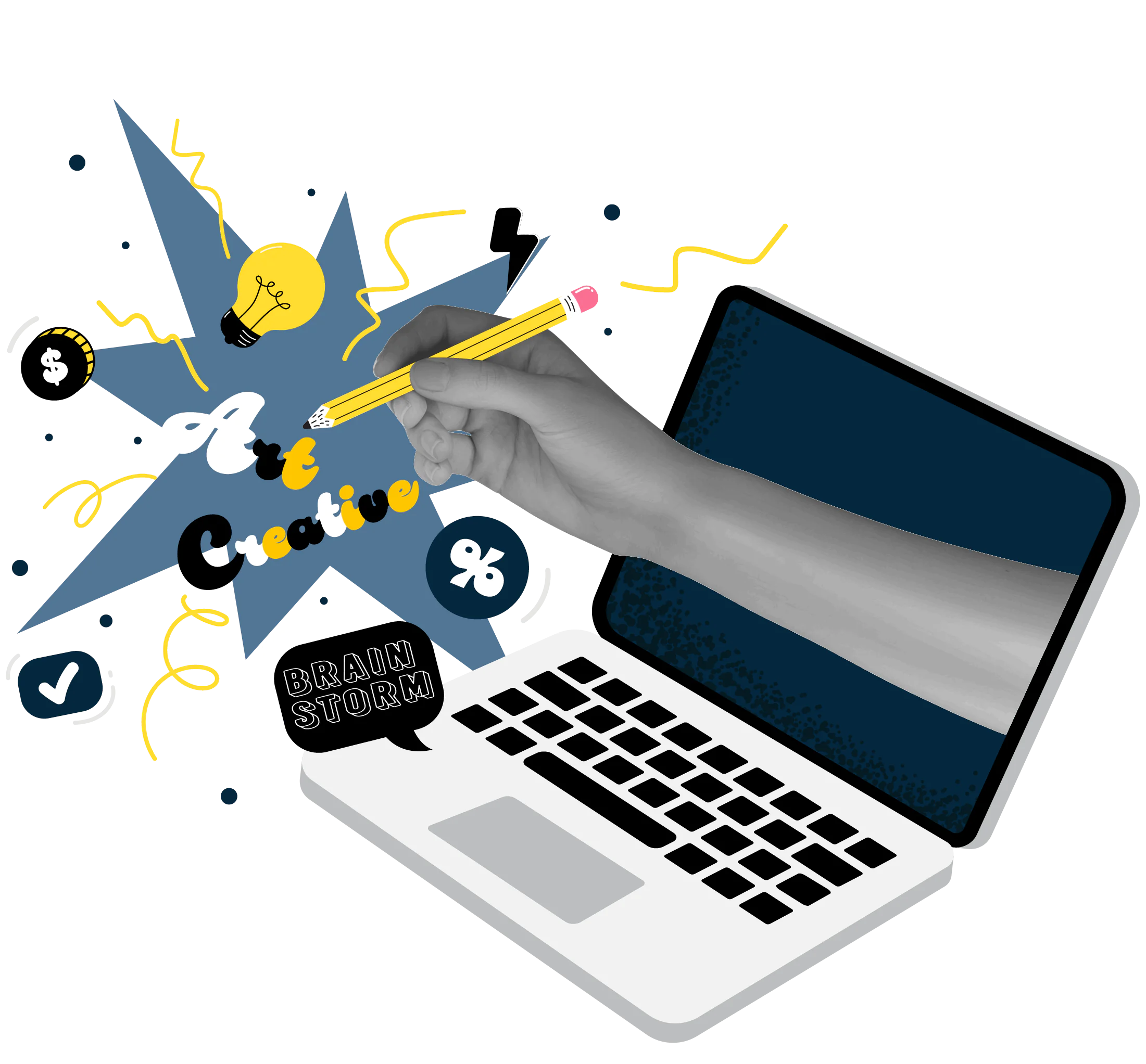 A creative hand draws social media, marketing, and SEO icons emerging from a laptop, symbolizing innovative social media marketing and effective SEO strategies.