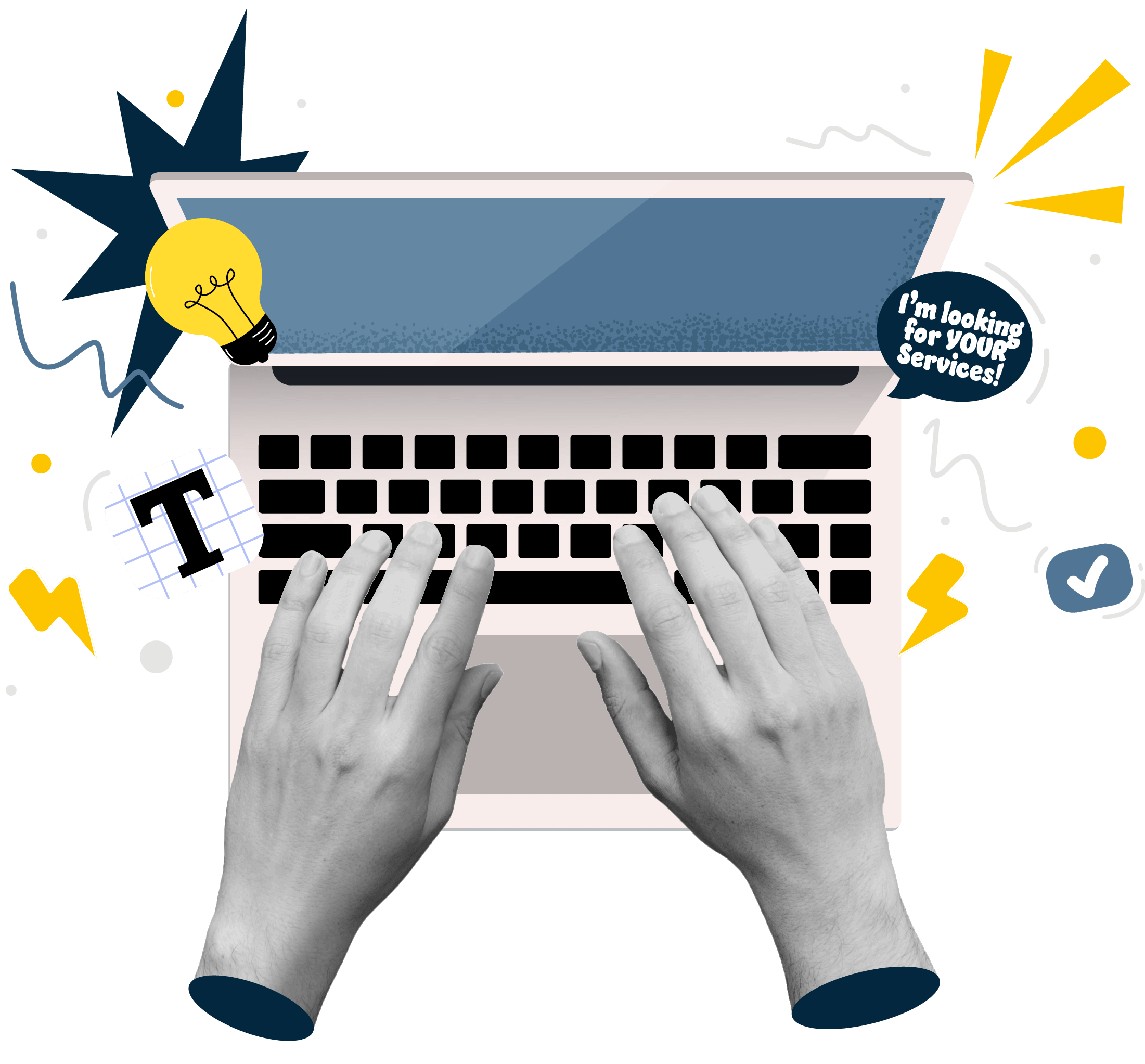 Hands typing on a laptop with icons representing Marketing, SEO, Social Media, and Social Media Marketing, symbolizing digital content creation and online business strategies.