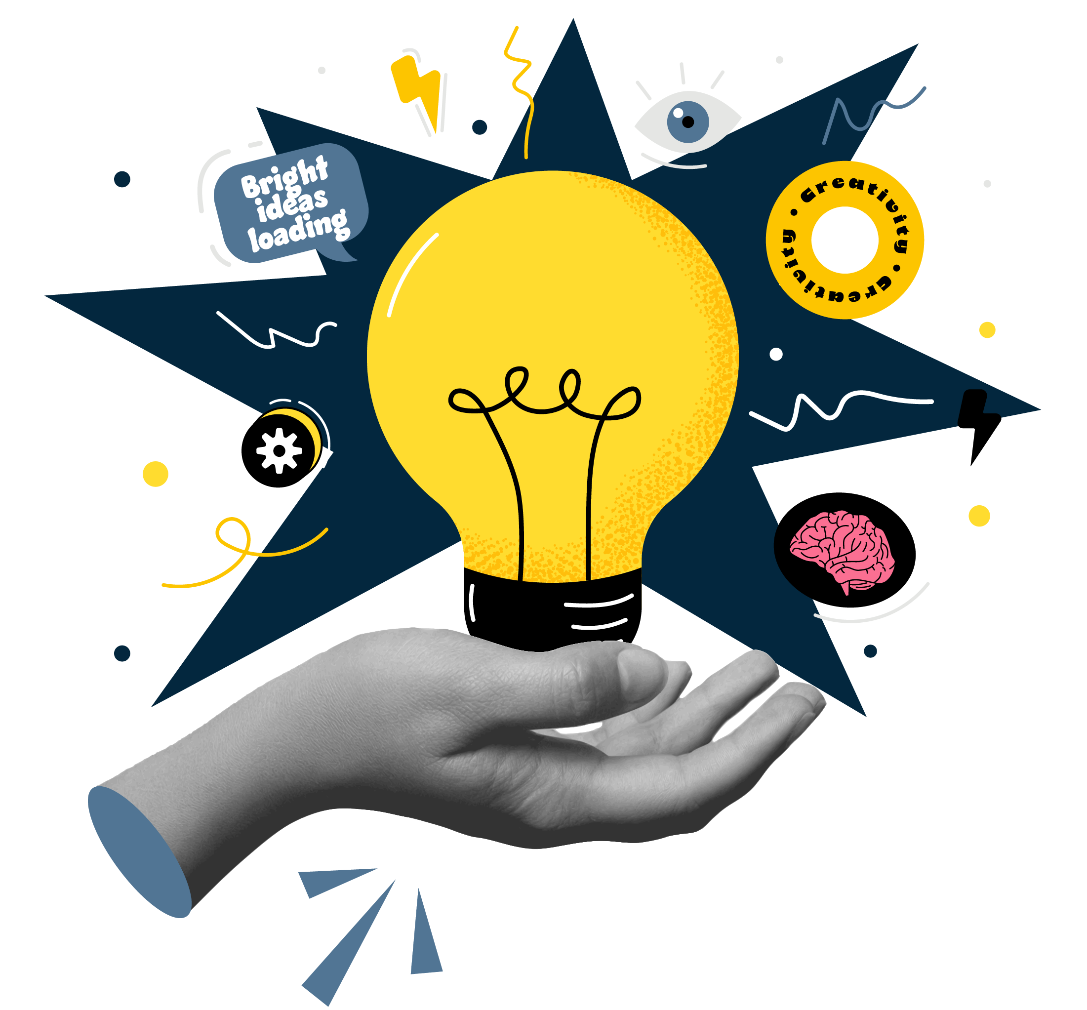 A hand holding a glowing lightbulb, surrounded by icons representing Marketing, SEO, Social Media, and Social Media Marketing, symbolizing creative digital marketing solutions.