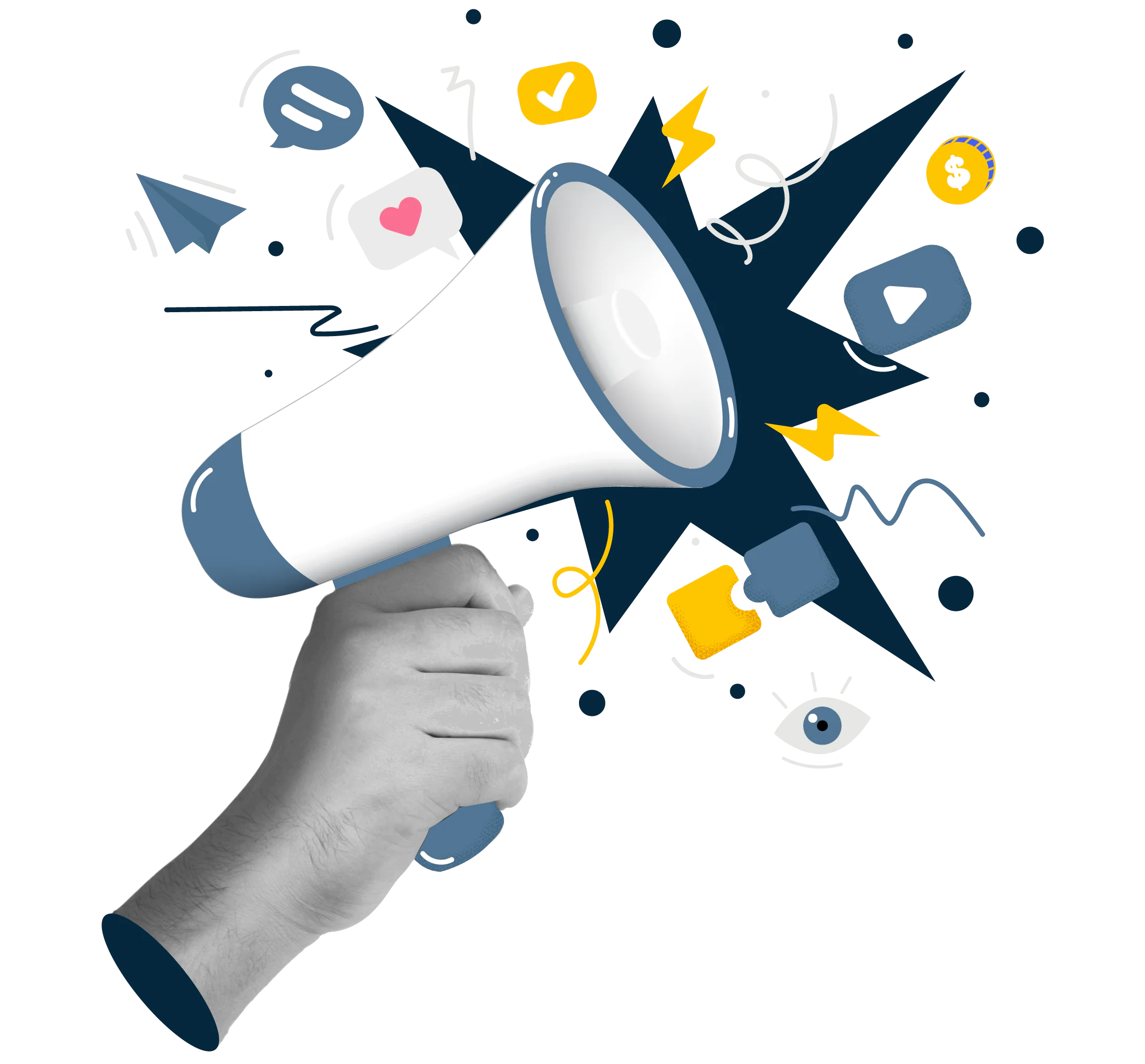 Hand holding a megaphone with Marketing, SEO, Social Media, and Social Media Marketing icons and graphics exploding in the background.