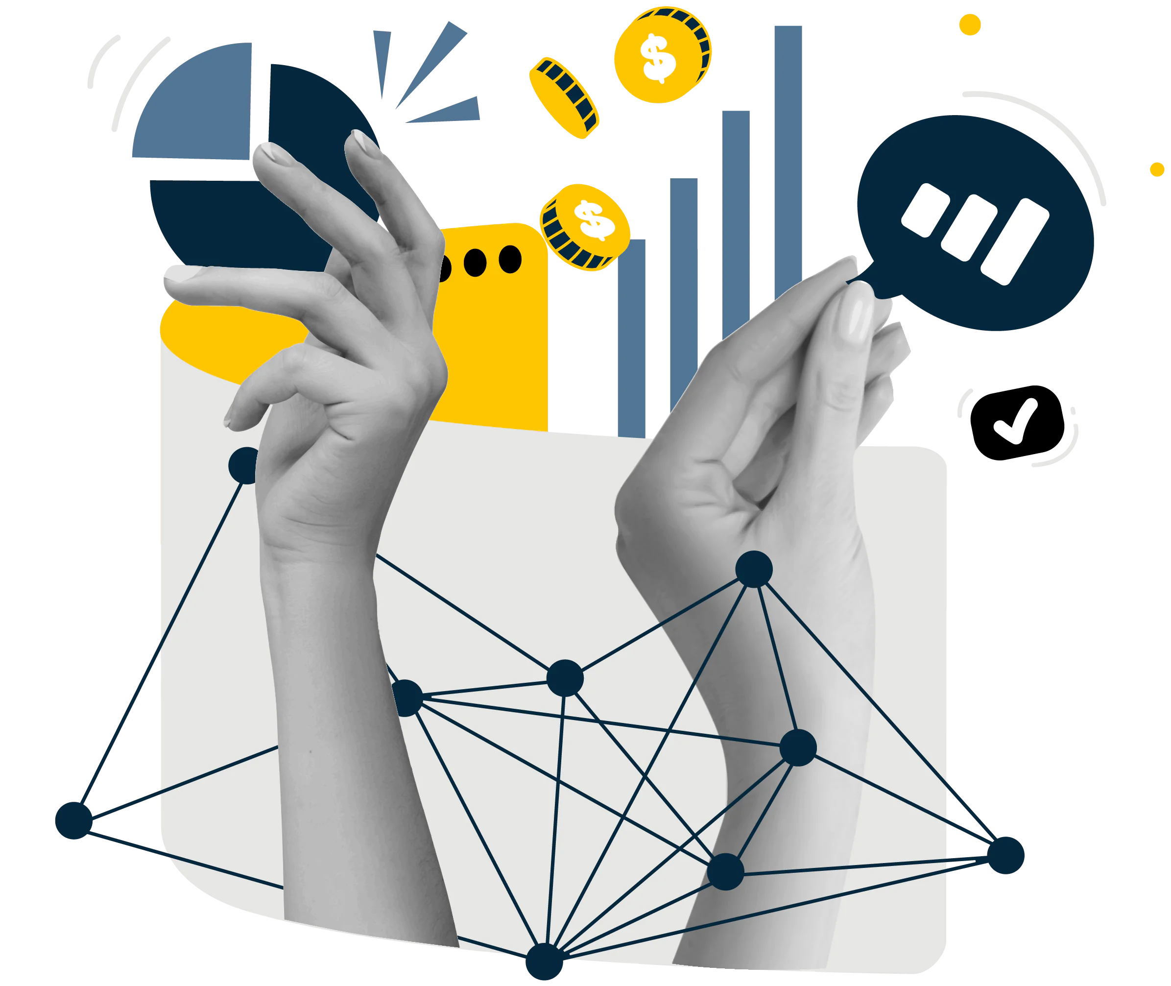 Hands with network lines, coins, and graphs symbolize Marketing, SEO, Social Media, and Social Media Marketing for business growth and digital strategy success.