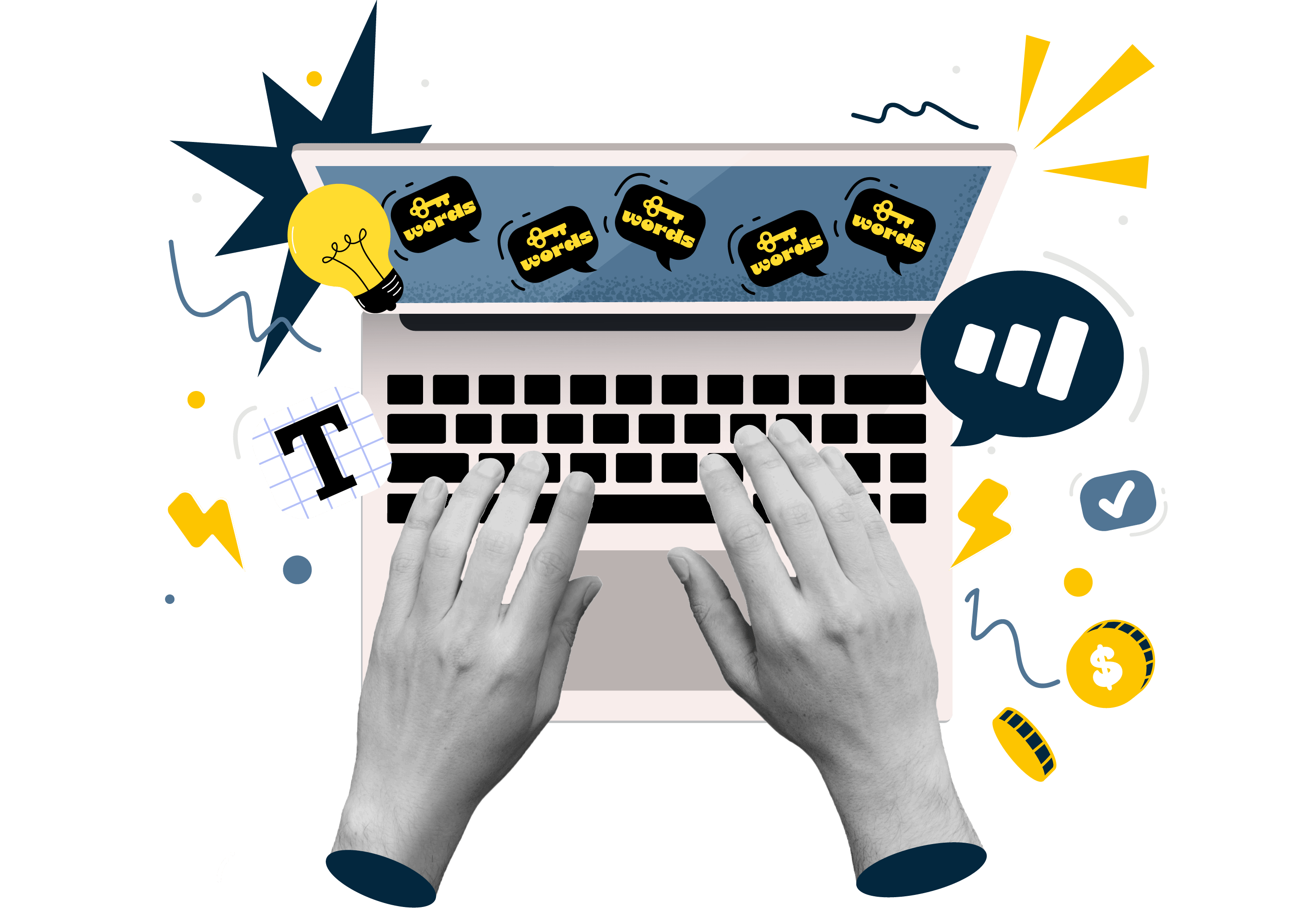 Hands typing on a laptop keyboard with Marketing, SEO, Social Media, and Social Media Marketing icons and symbols surrounding for digital content creation.