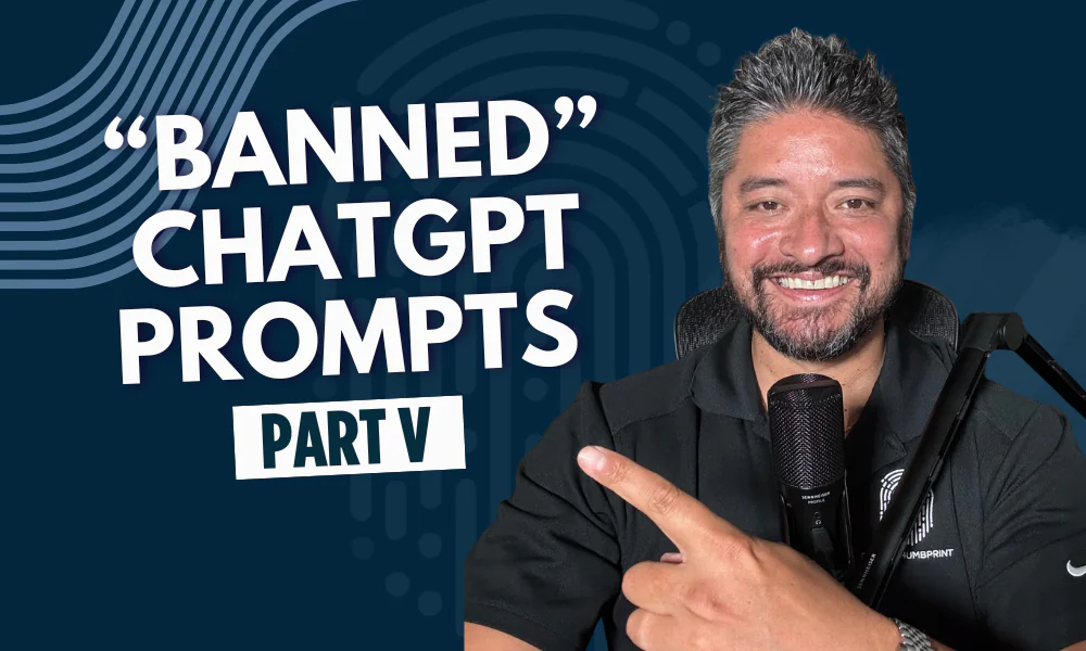 Smiling man with a microphone points to marketing, SEO, and digital marketing text about “banned” ChatGPT prompts, part V, ideal for online business strategies.