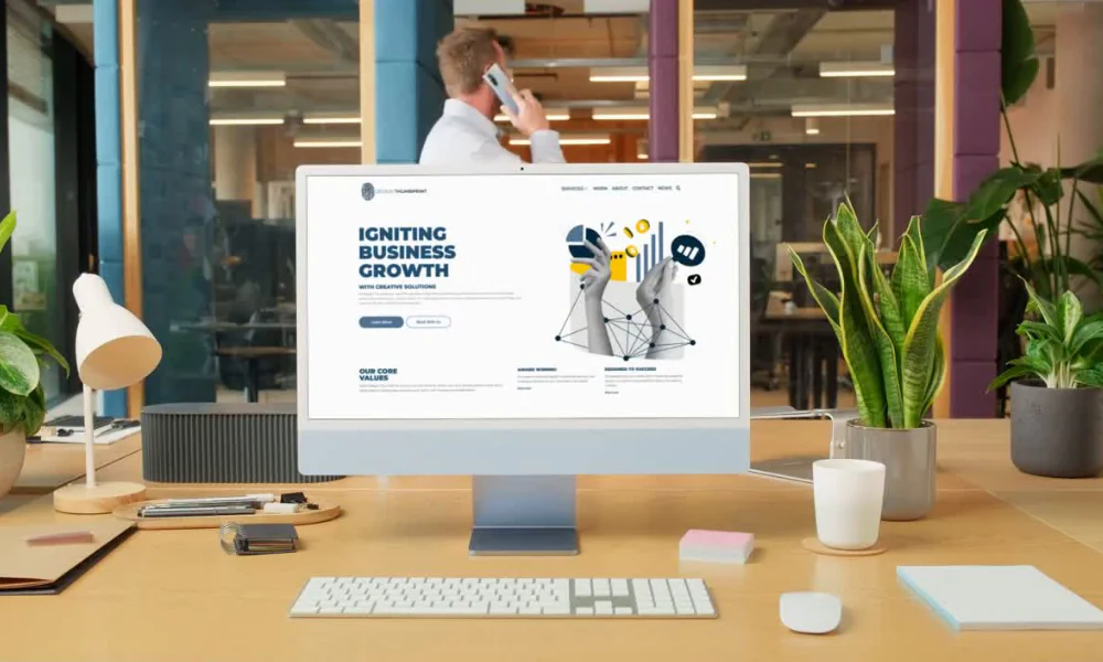 Office desktop with digital marketing, SEO, social media, and public relations website on monitor; professional in background discussing business growth strategies on phone.