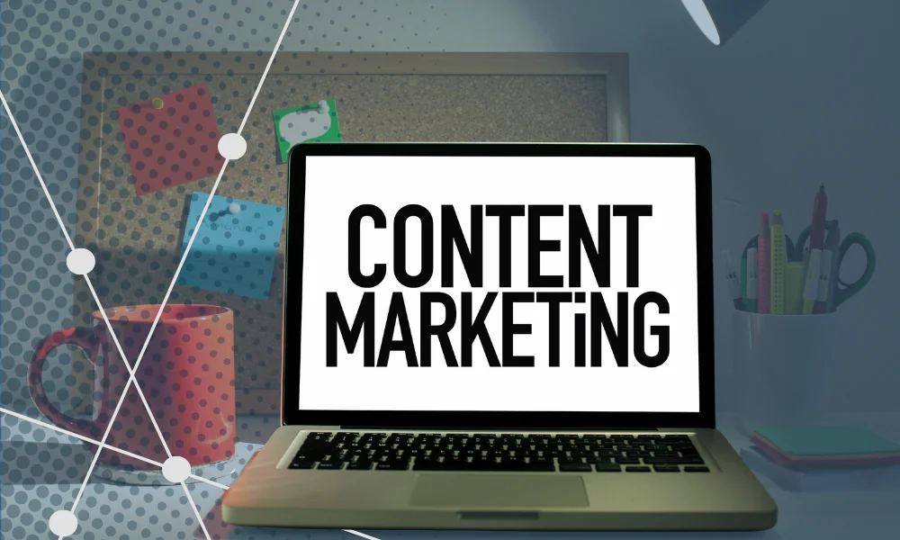 Laptop displaying "Content Marketing" emphasizes digital marketing, SEO, social media, and public relations strategies for business growth and effective online marketing campaigns.