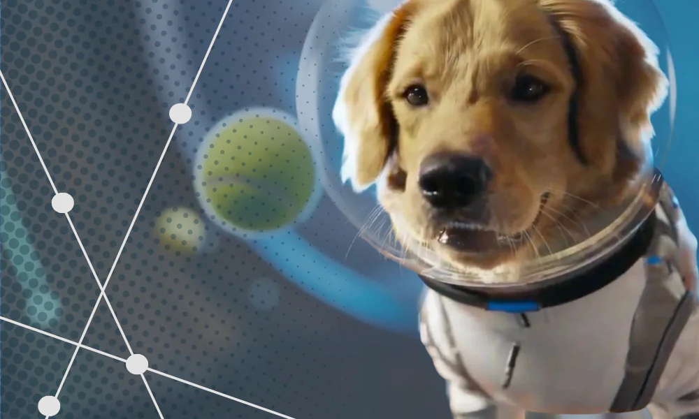 Cute dog in astronaut suit, symbolizing digital marketing, seo, social media, and public relations innovation, with a futuristic background and connected marketing network elements.