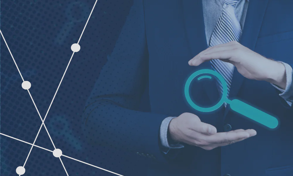Business professional holding a magnifying glass, symbolizing marketing, SEO, digital marketing, social media, and public relations strategy for business growth and online visibility.