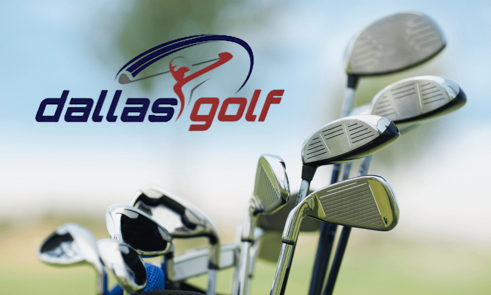 A set of golf clubs in a bag with the Dallas Golf logo and a stylized golfer in the background.