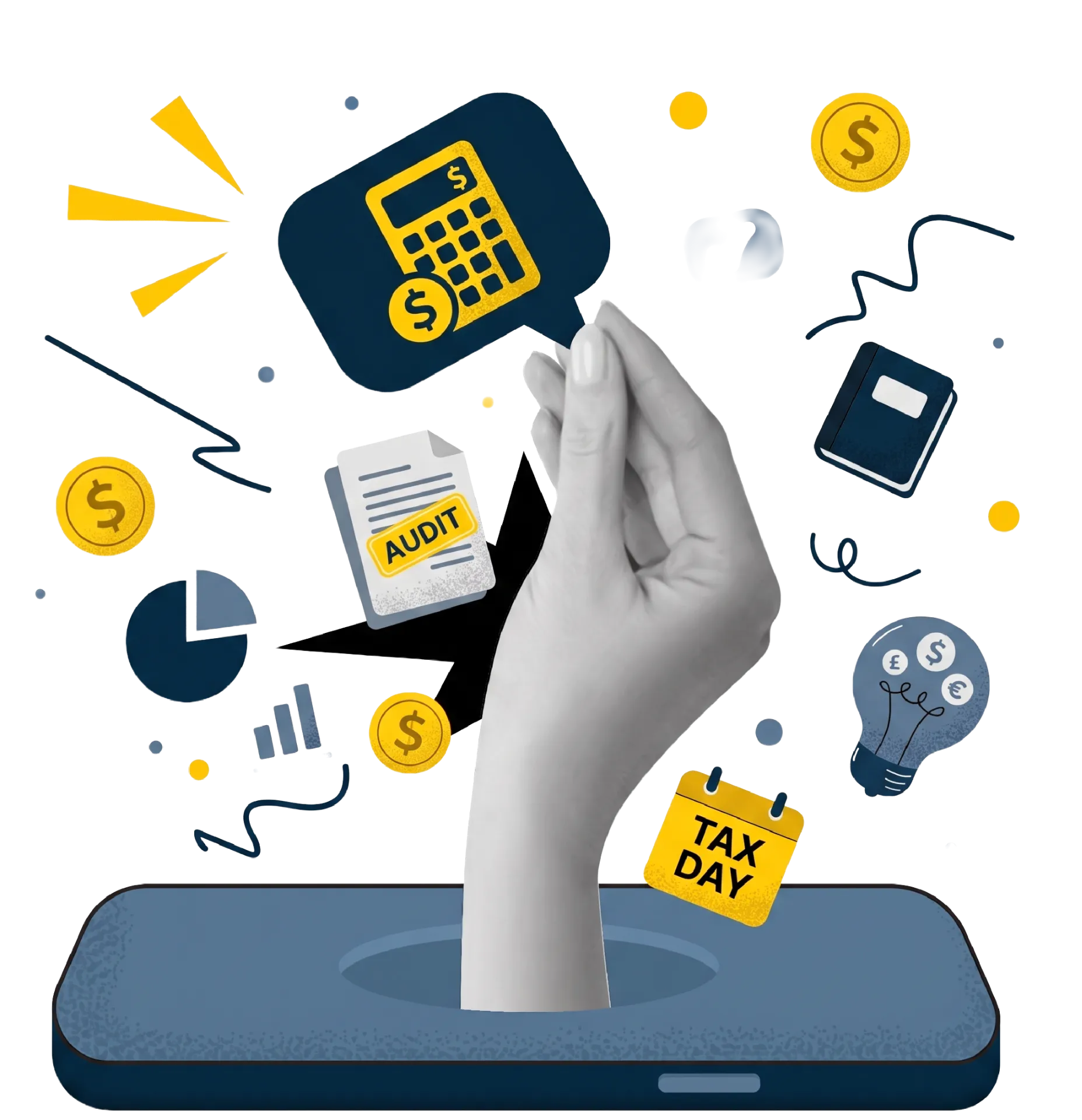 A hand emerging from a smartphone surrounded by tax-related icons, including a calculator, coins, "Audit" documents, graphs, and a "Tax Day" calendar.