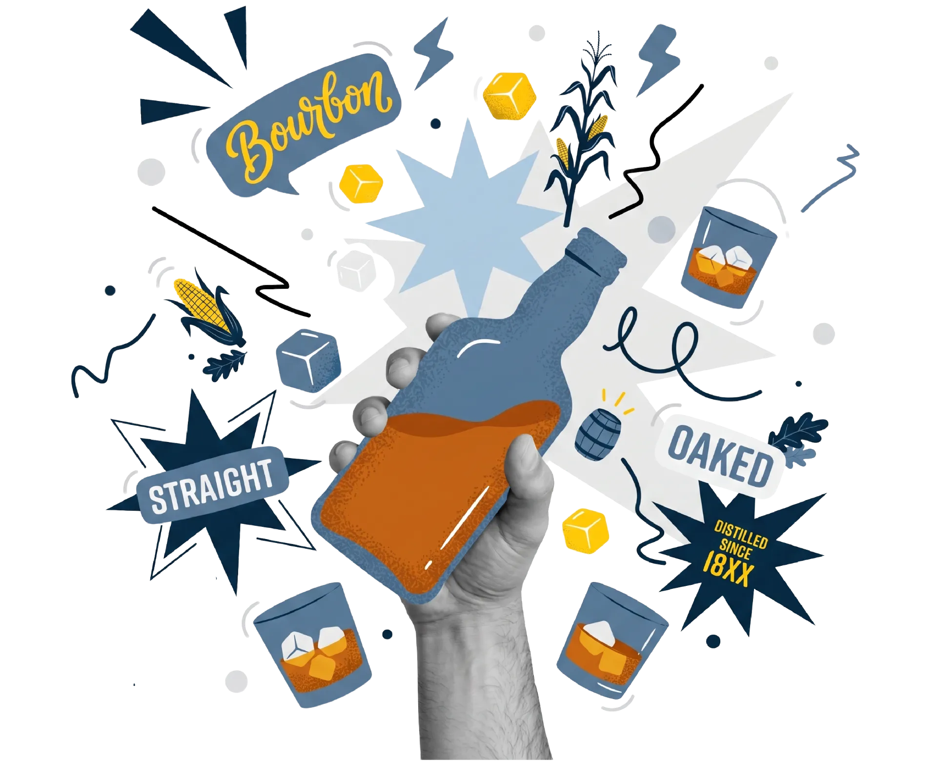 A hand holds a bourbon bottle surrounded by whiskey glasses, corn, ice cubes, oak barrel, and bold words like "Bourbon," "Straight," and "Oaked."