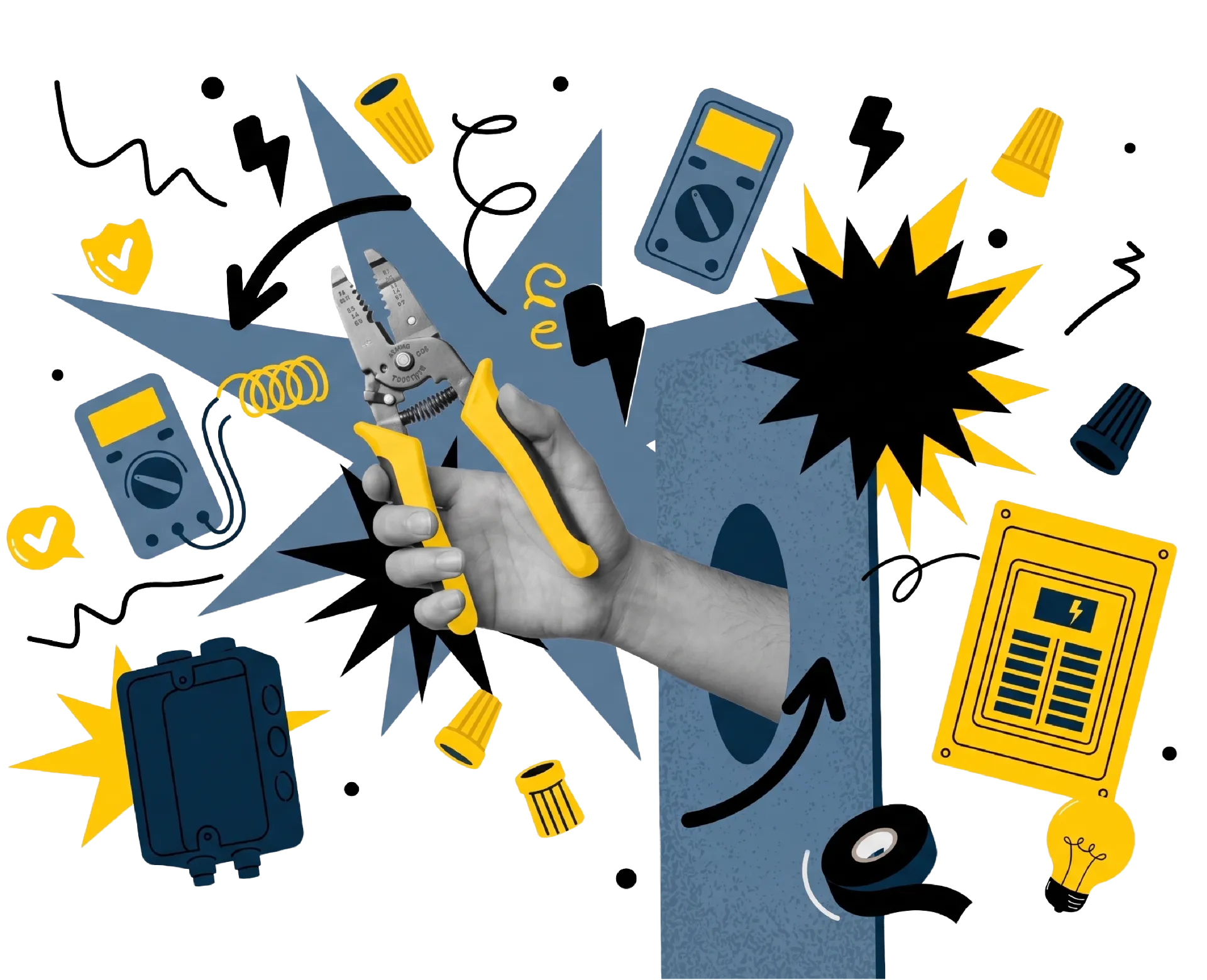 A hand holding wire strippers surrounded by illustrated electrical tools, circuit diagrams, multimeters, wire connectors, and symbols in yellow, blue, and black.