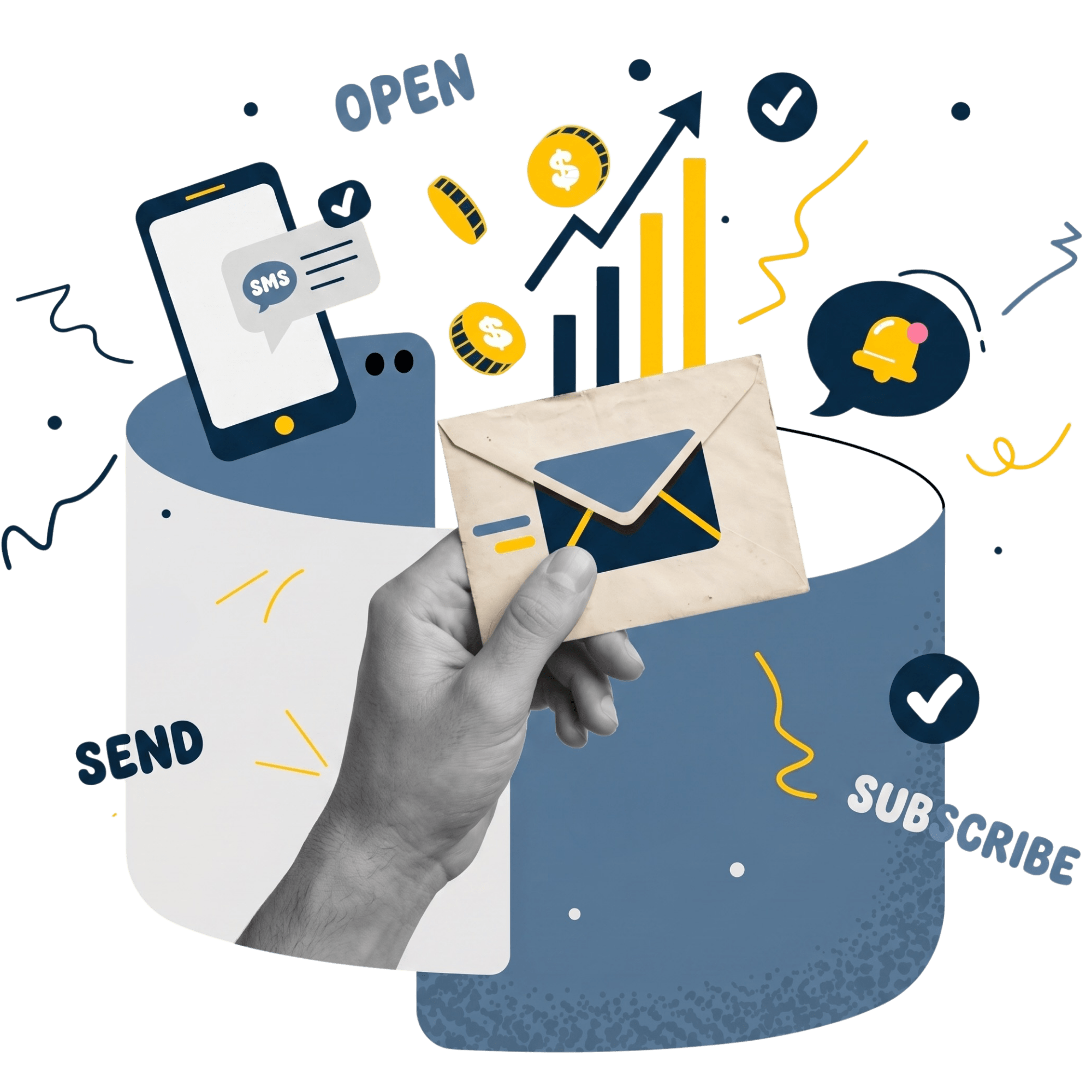 A hand holds an envelope, with SMS messages and notifications on a smartphone, surrounded by graphs, coins, and the words send, open, and subscribe.