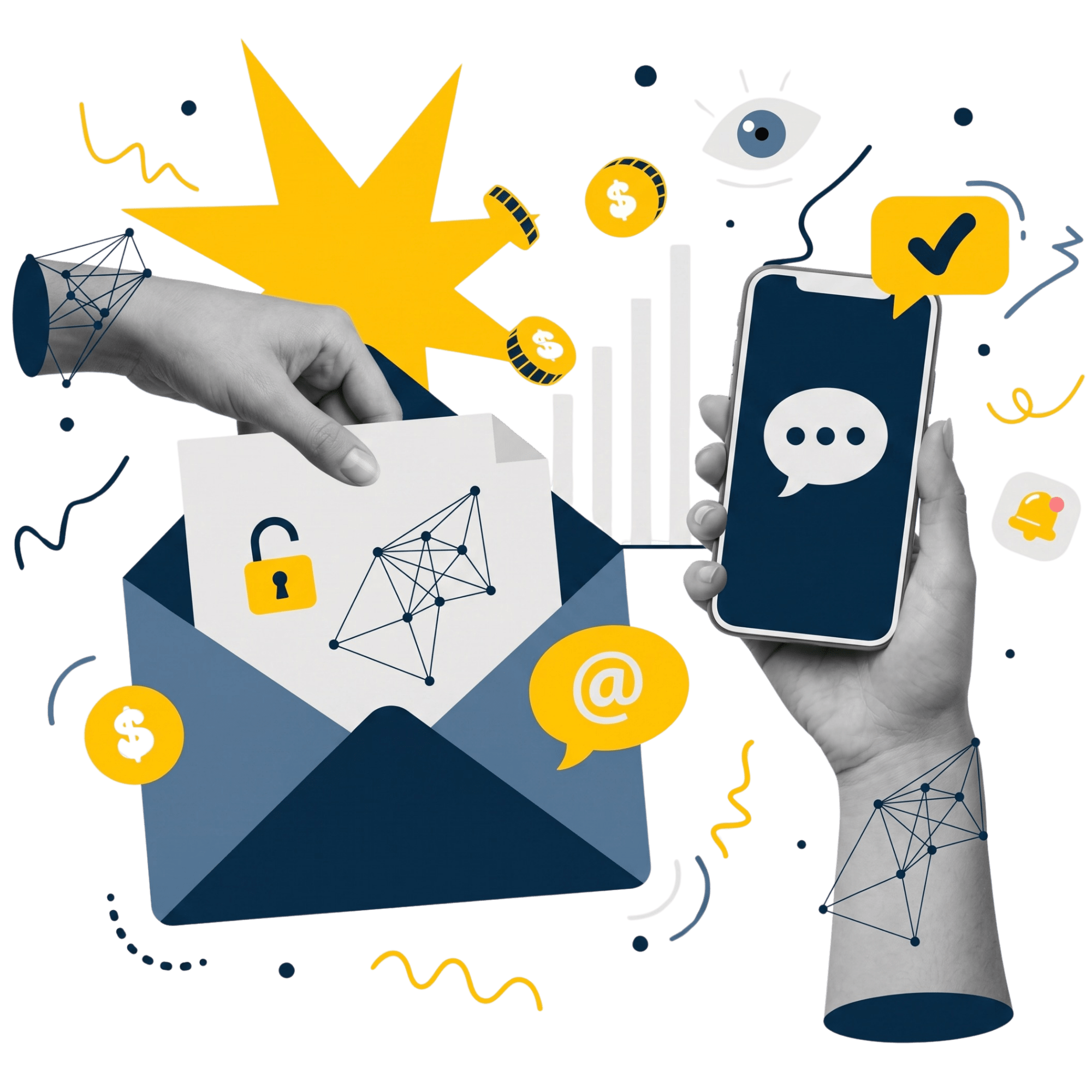 Hand with smartphone and hand with envelope surrounded by icons of email, coins, lock, graph, and notifications in a digital communication and security theme.