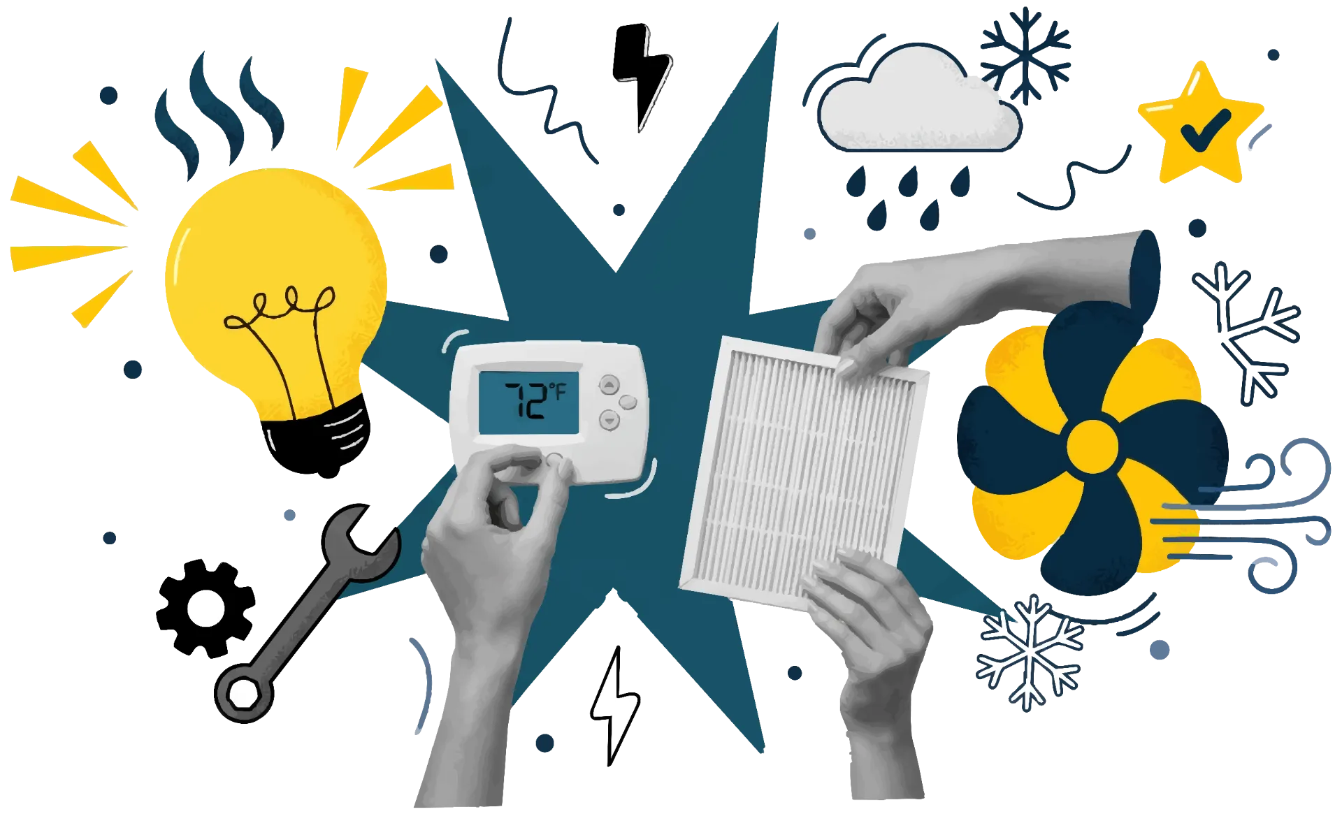 Hands adjusting thermostat and air filter, surrounded by symbols of lightbulb, fan, wrench, snowflake, cloud, and checkmark, representing HVAC maintenance and energy efficiency.