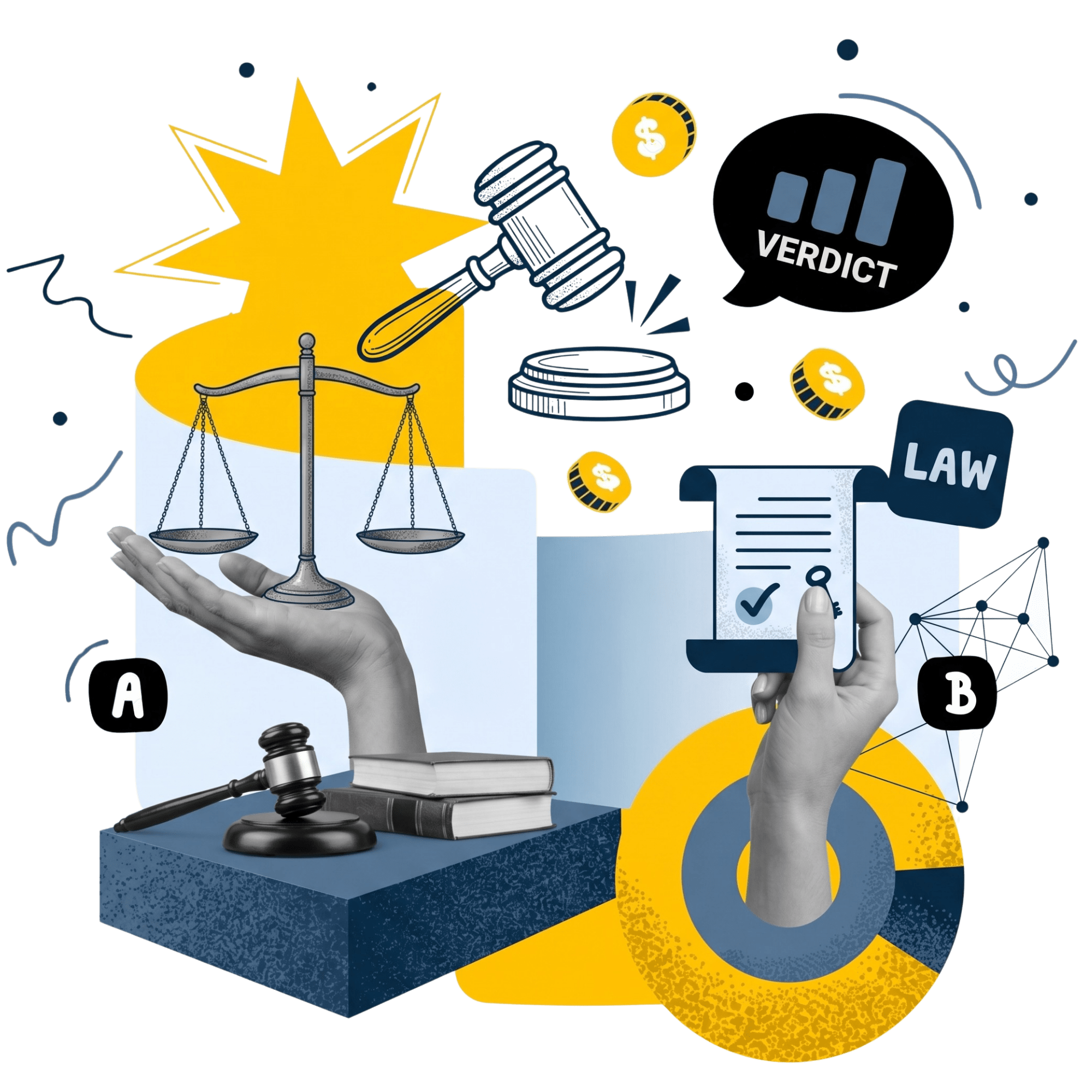 Collage featuring scales of justice, gavel, books, legal documents, and law-themed icons, symbolizing legal decisions, fairness, and the judicial process in a modern graphic style. © Design Thumbprint Marketing Agency