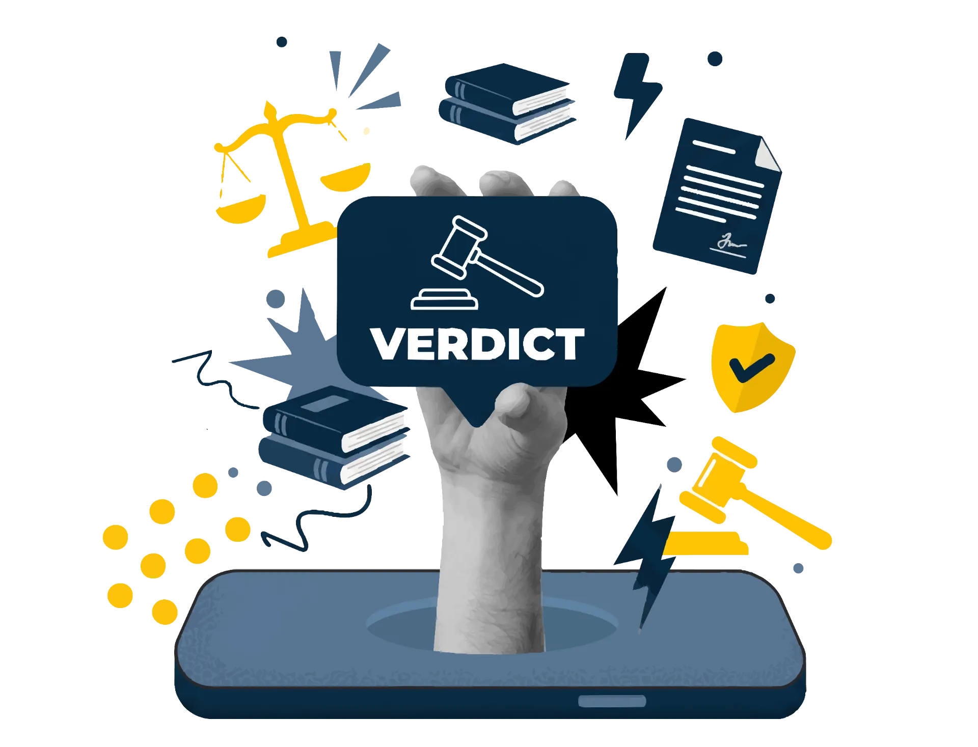 A hand emerges from a phone holding a verdict sign, surrounded by legal symbols like scales, books, documents, and a gavel, representing online justice.