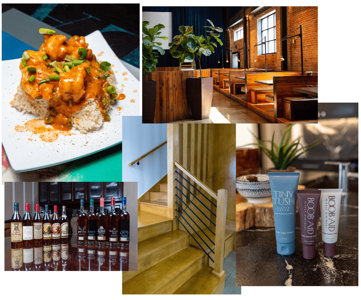 A collage showing plated food, a restaurant interior, a wine shelf, a stairway, and beauty products on display. © Design Thumbprint Marketing Agency