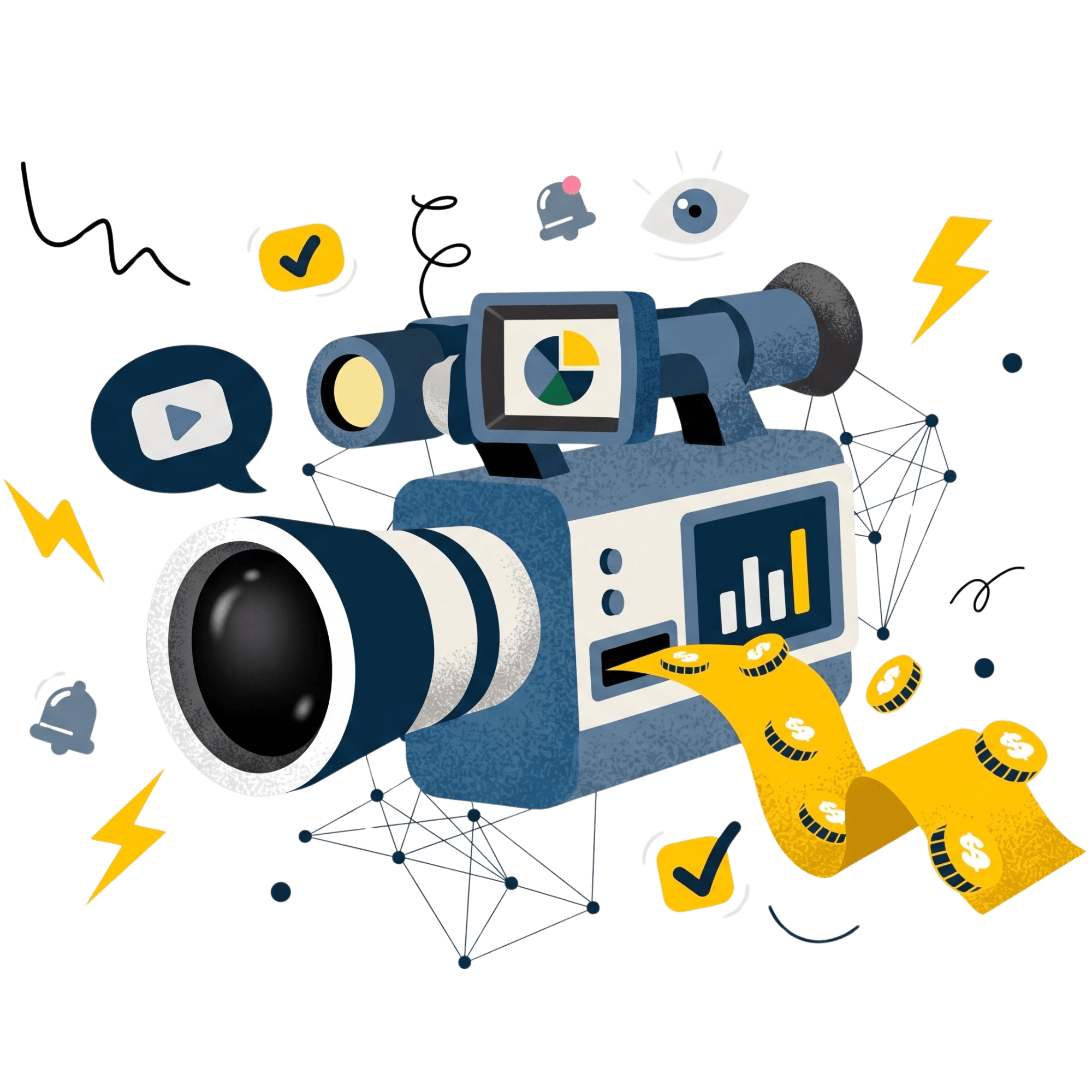 Illustration of a video camera with charts, coins, and media icons, symbolizing video monetization and online content creation with modern digital elements.