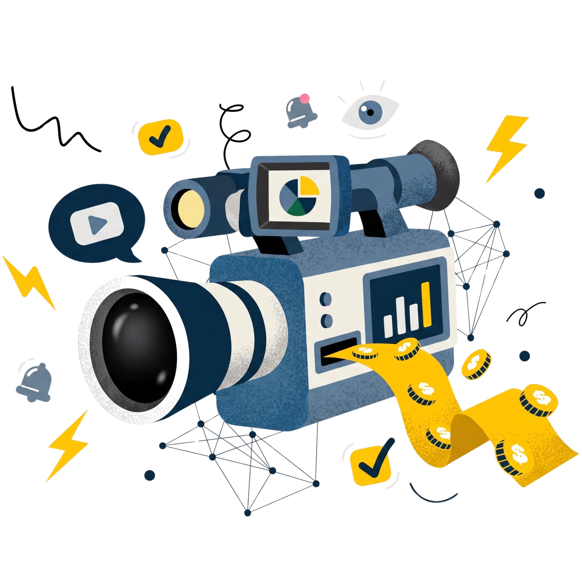 Illustration of a video camera with charts, coins, and media icons, symbolizing video monetization and online content creation with modern digital elements.