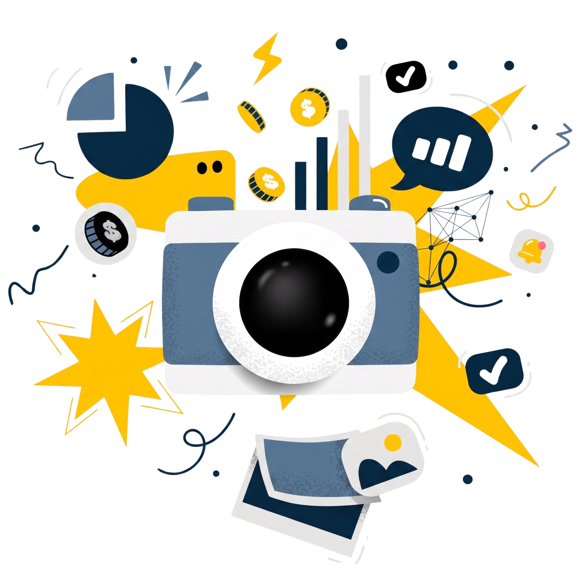 Illustration of a camera surrounded by icons like coins, charts, photos, and chat bubbles, representing photography, business, and social media concepts.