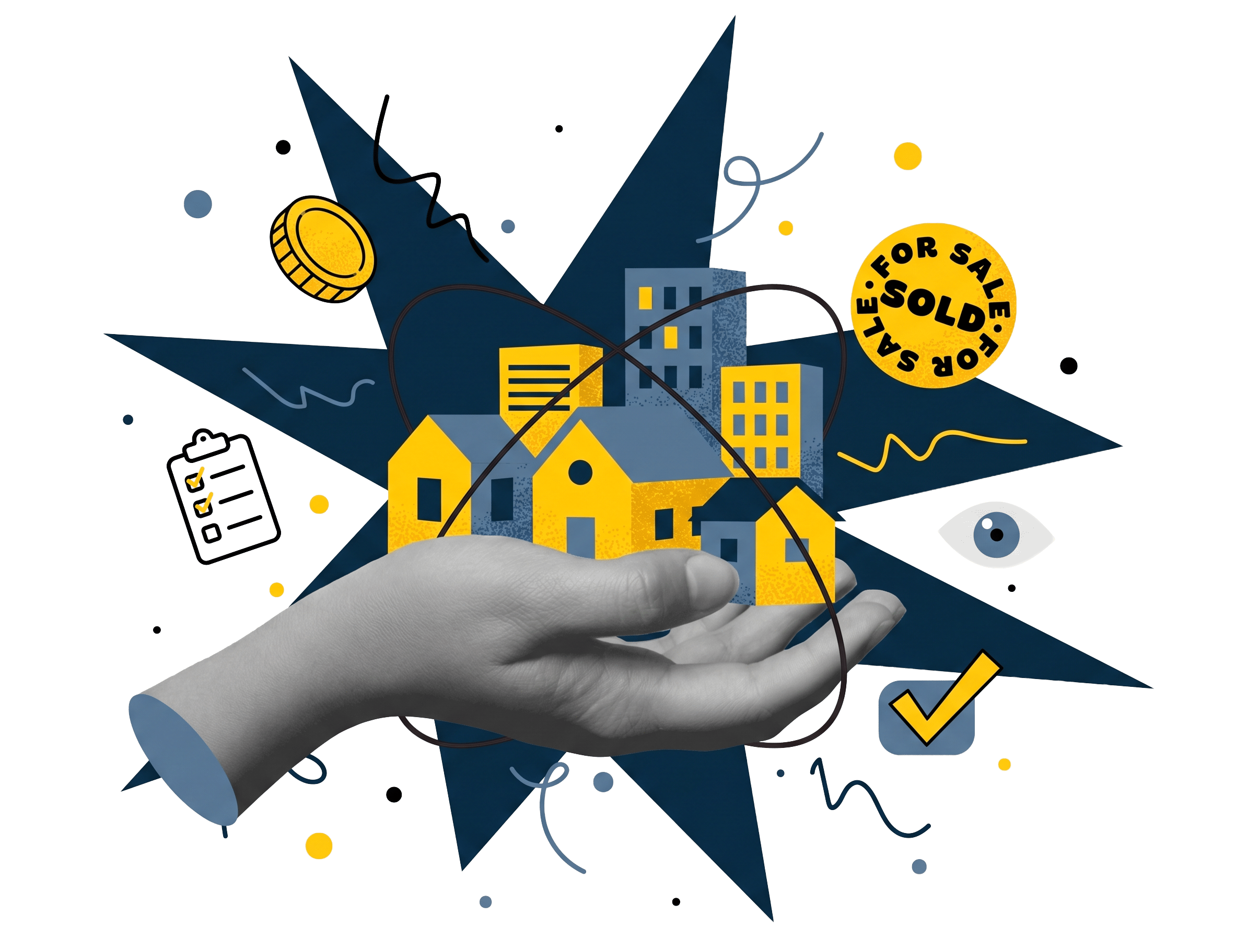 A hand holding illustrated houses and buildings, surrounded by real estate icons like coins, checklists, for sale sign, and a checkmark on a dark starburst background.