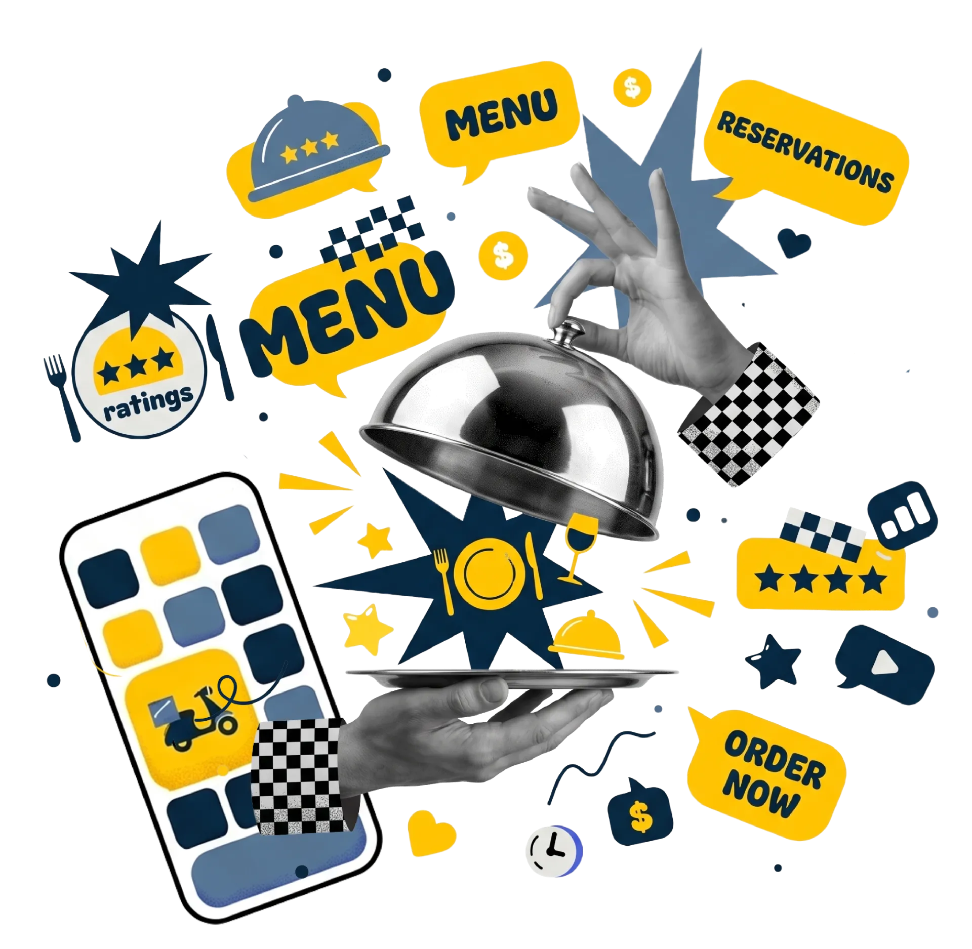 Collage of restaurant-related icons, including a menu, ratings, reservations, order now, and a smartphone, with hands holding a food tray in the center.
