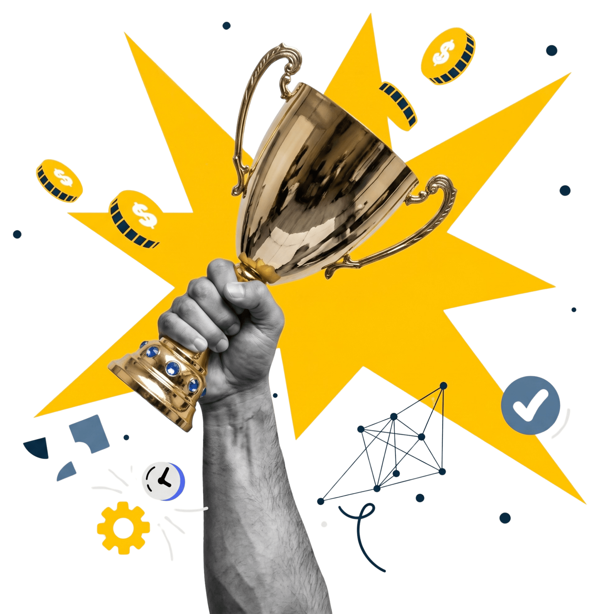 A hand holding a gold trophy with a yellow starburst and illustrated icons of money, gears, and a check mark in the background.