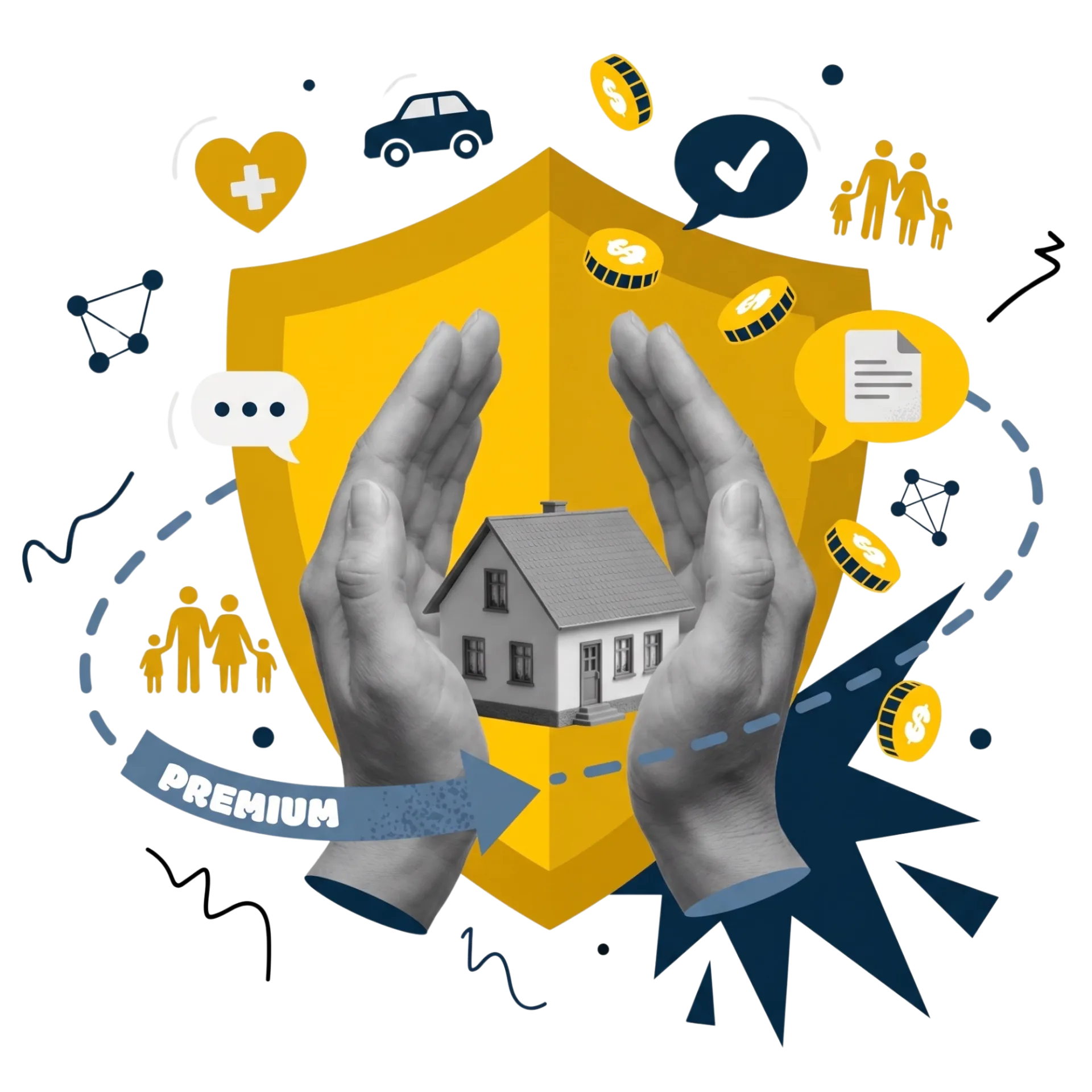 Hands protecting a house with a shield, surrounded by insurance-related icons like money, car, family, health, and documents, symbolizing home insurance protection.