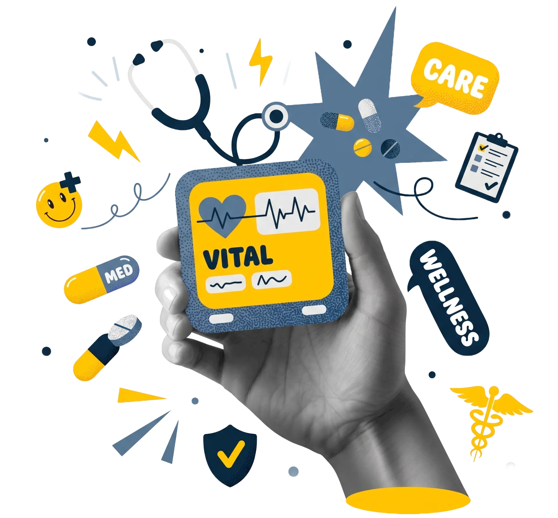 A hand holds a vital sign monitor surrounded by health-related icons like pills, stethoscope, heart, wellness text, and care elements on a blue and yellow background. © Design Thumbprint Marketing Agency