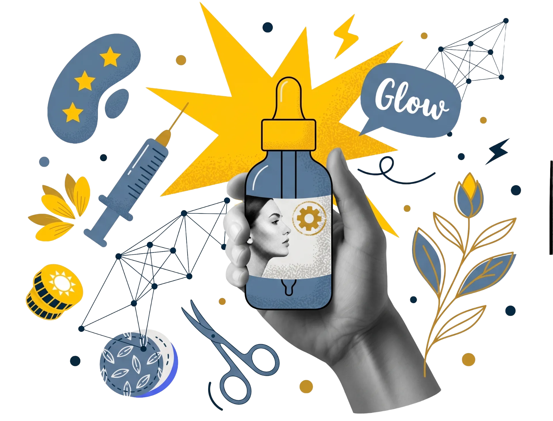 Hand holding a serum bottle with a woman's face, surrounded by cosmetic, botanical, and medical illustrations, with the word "Glow" and bright yellow accents.