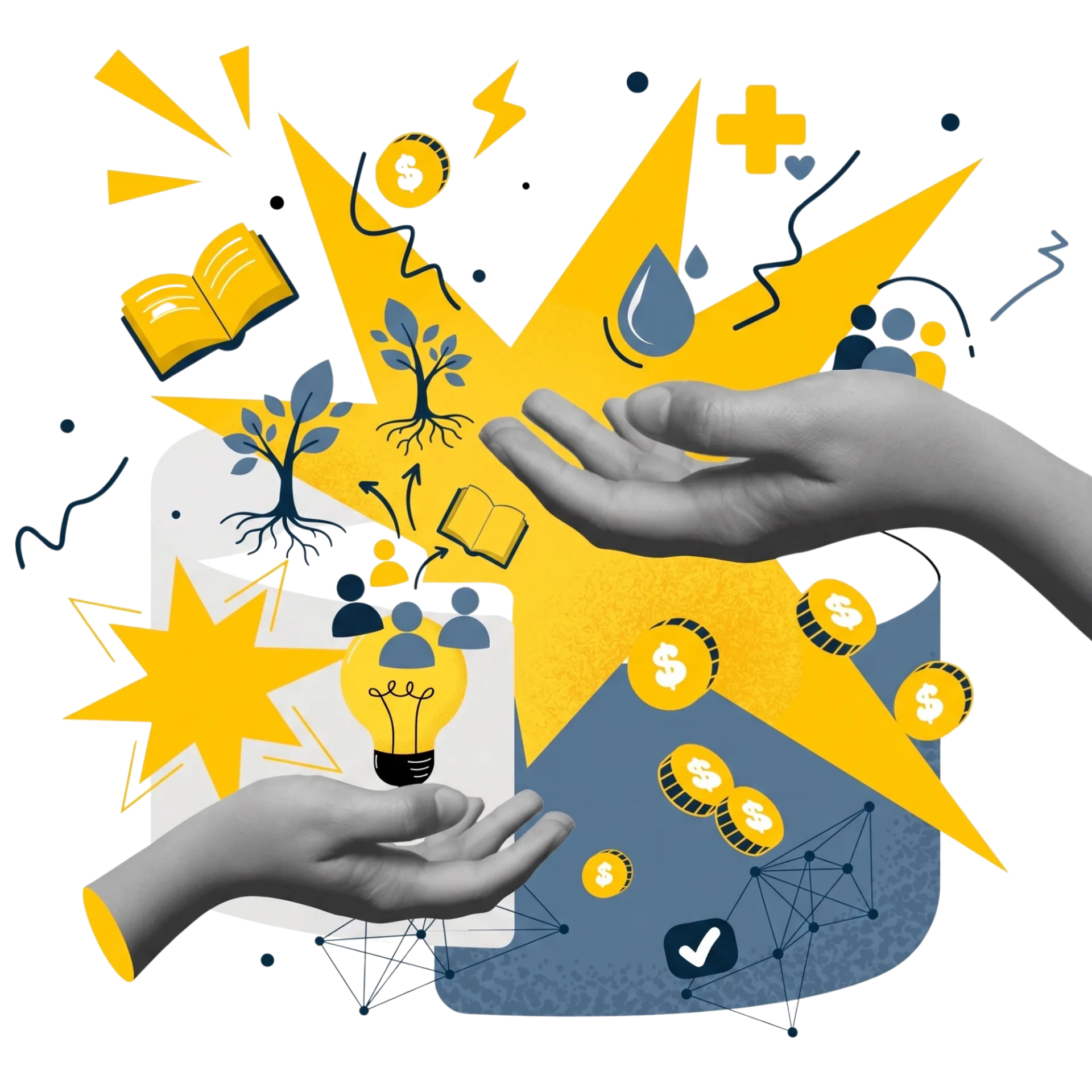 Two hands surrounded by icons representing money, health, growth, education, and innovation in a dynamic, colorful collage style.