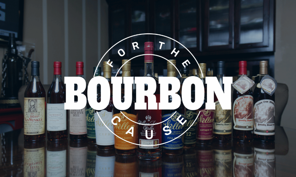 Various bottles of bourbon arranged on a reflective table with bold text overlay reading "FOR THE BOURBON CAUSE" in large, white letters. © Design Thumbprint Marketing Agency