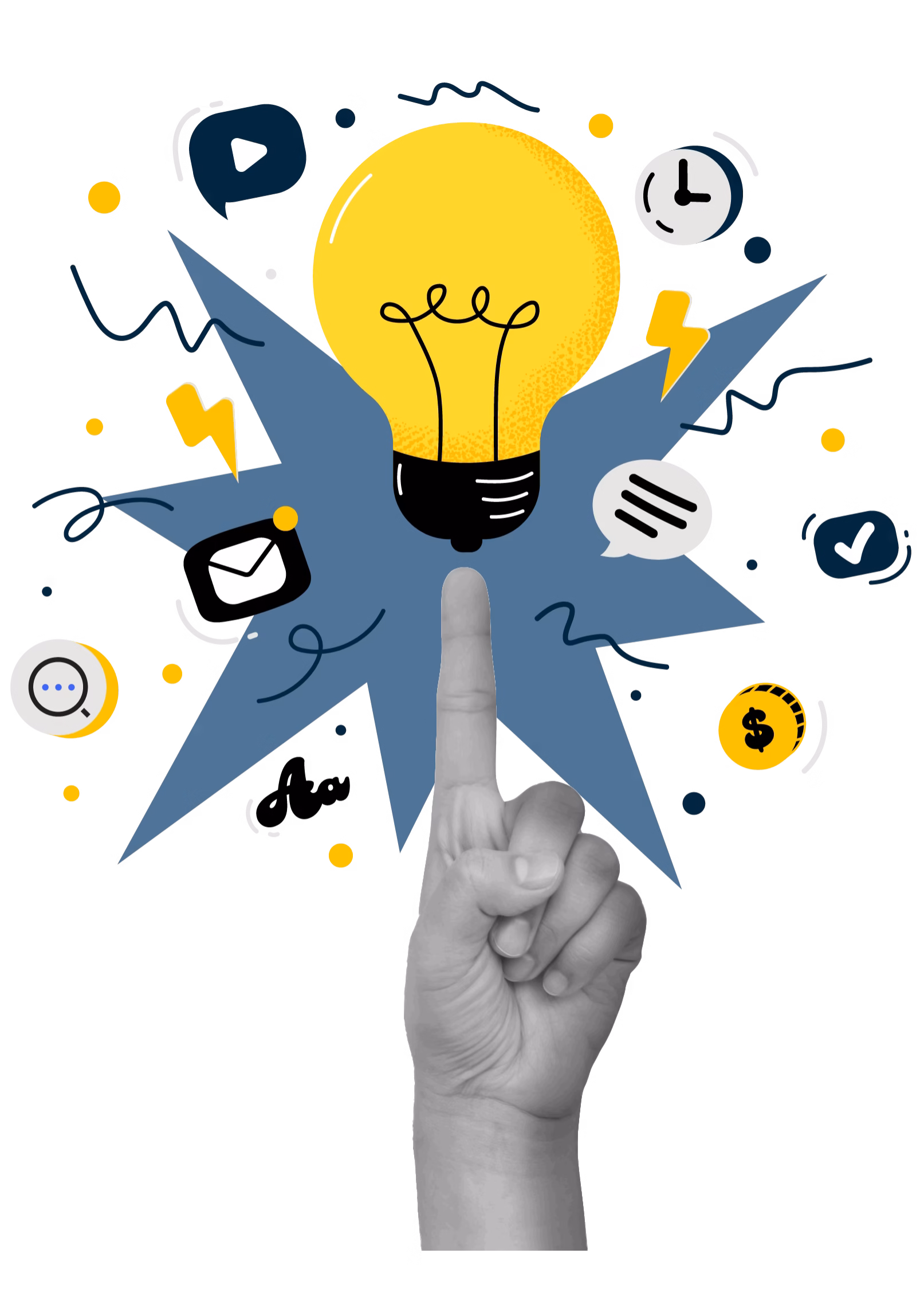 A hand points upward to a glowing yellow light bulb surrounded by icons representing ideas, communication, time, money, and creativity. © Design Thumbprint Marketing Agency
